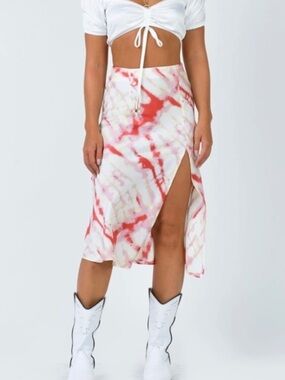 Princess Polly Red & White Alesta Tie-Dye Midi Skirt with Side Slit